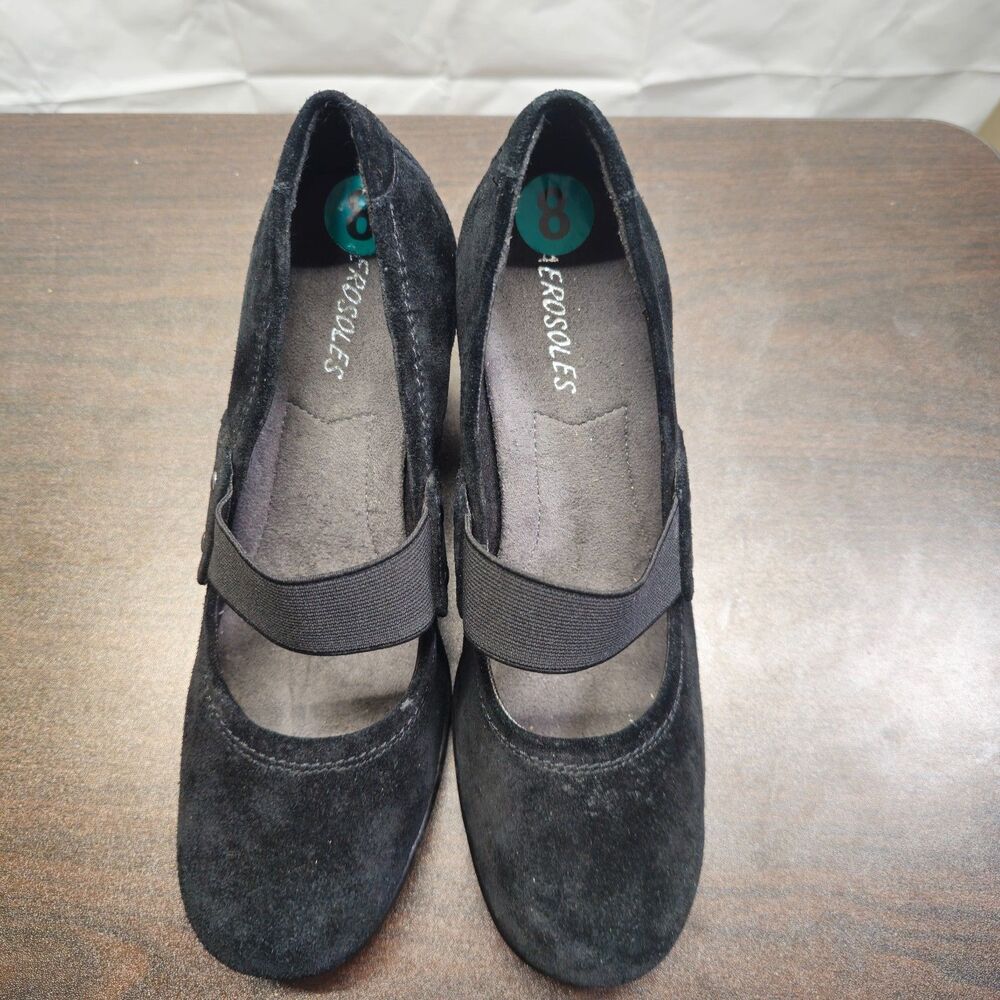 Aerosoles Black Suede Mary Jane Wedge Heels Womens Size 8 Comfort Shoes